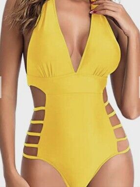 Sexy One Piece Halter Plunge V Neck Swimsuit Womens Size Small Bright Yellow